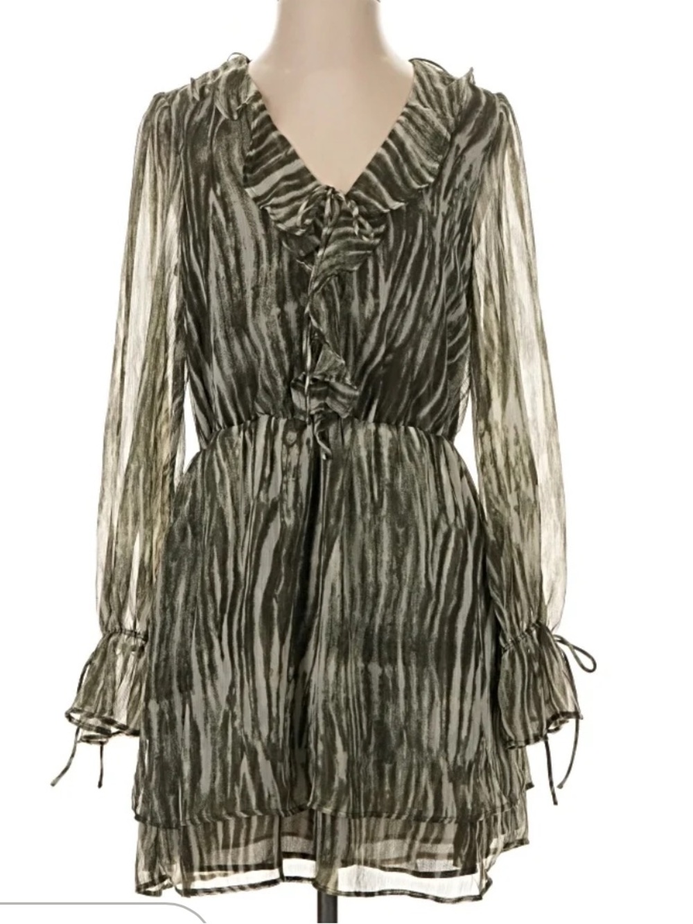 Mango Olive Green Sheer Ruffled V-Neck Long Sleeve Dress